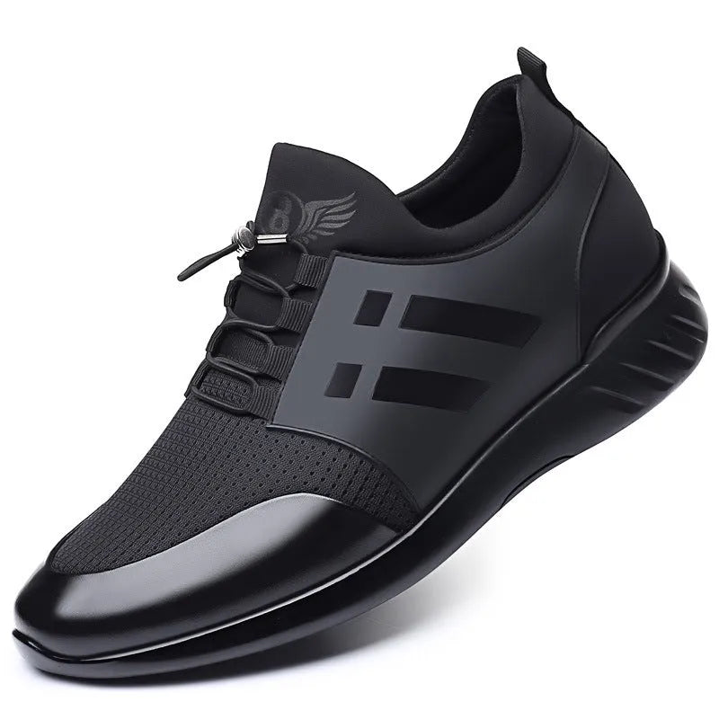 Men's black genuine leather casual shoes with an internal 8cm height-increasing chunky heel.