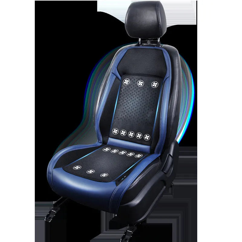 Car seat cooling pad with ventilation system and massage function in minimalist black design