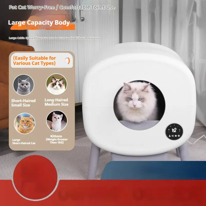 White intelligent automatic self-cleaning cat litter box with control panel, shown with deodorising tablets and cleaning brush.