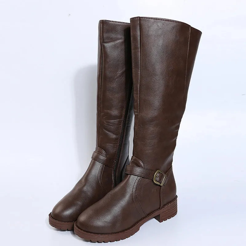 Women's black knight-style high boots with a round toe, buckle detail, and a square heel.