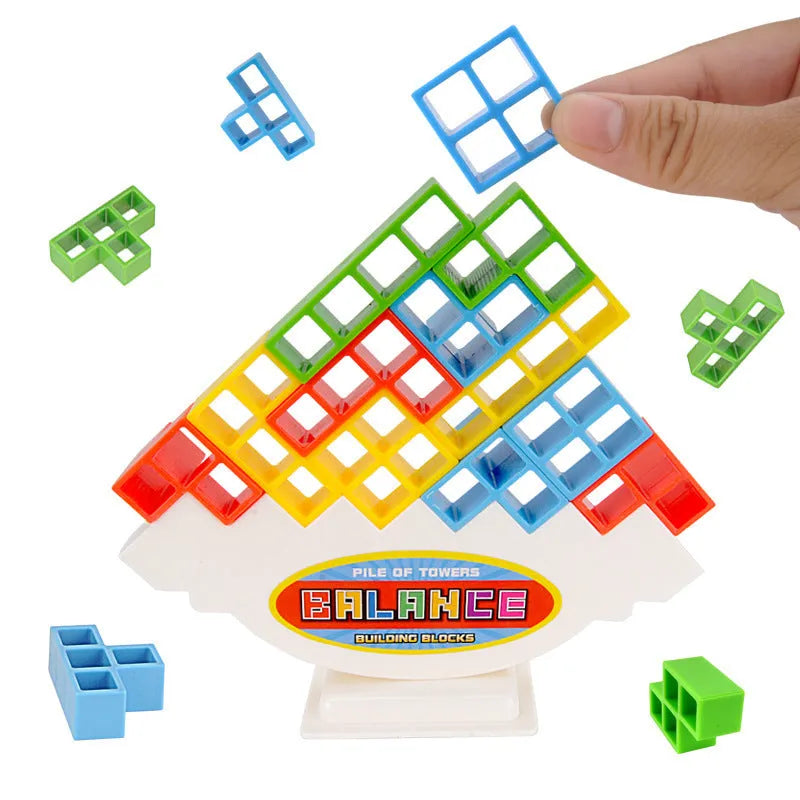 Balance stacking game set with plastic building blocks and wooden chassis