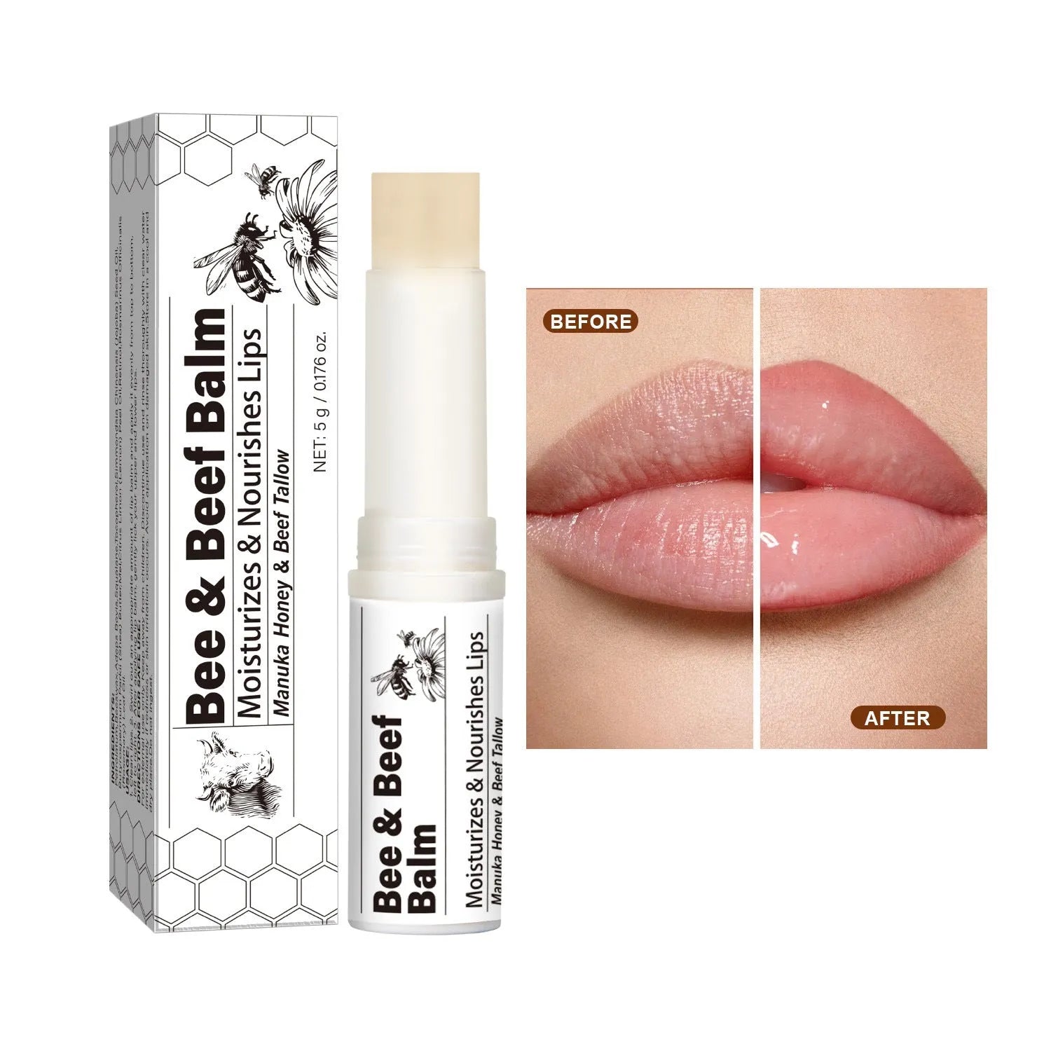 Beef fat and organic grass-fed butter lip balm in a 5g white tube with 83mm length.