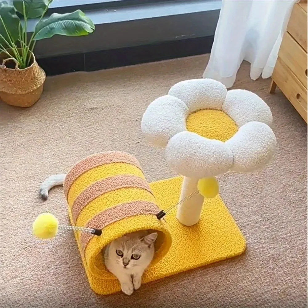 Yellow cat scratching post climbing frame with sisal board and fabric tunnel