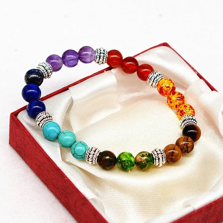 Natural stone colorful chakra energy yoga bracelet on wrist