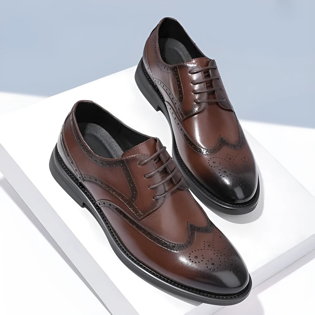 Men's black and brown brogue leather shoes for business wear with traditional perforated detailing
