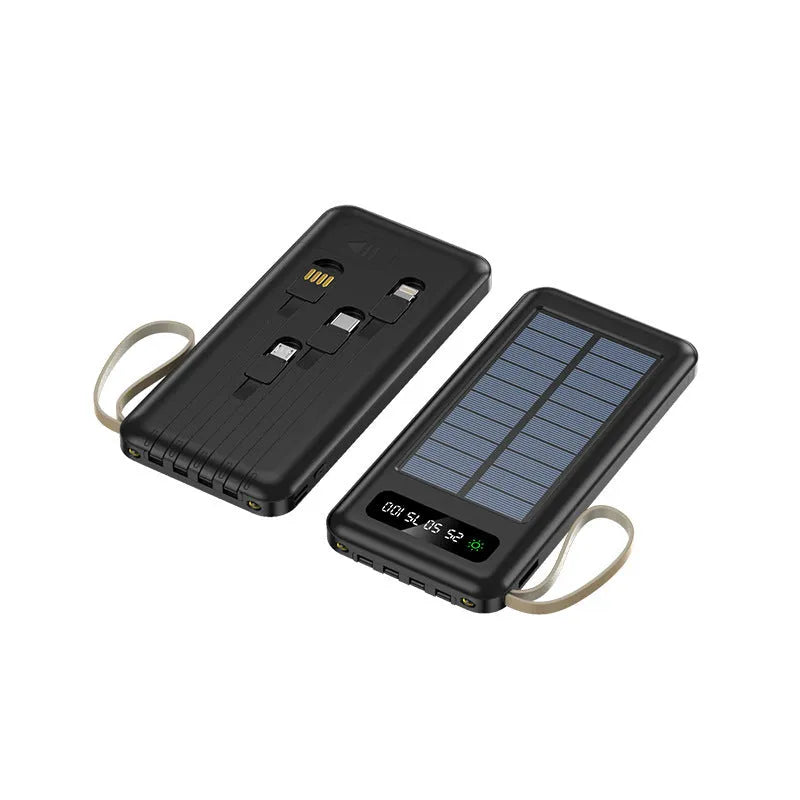 Solar power bank in black or white with capacity display and integrated solar panel.