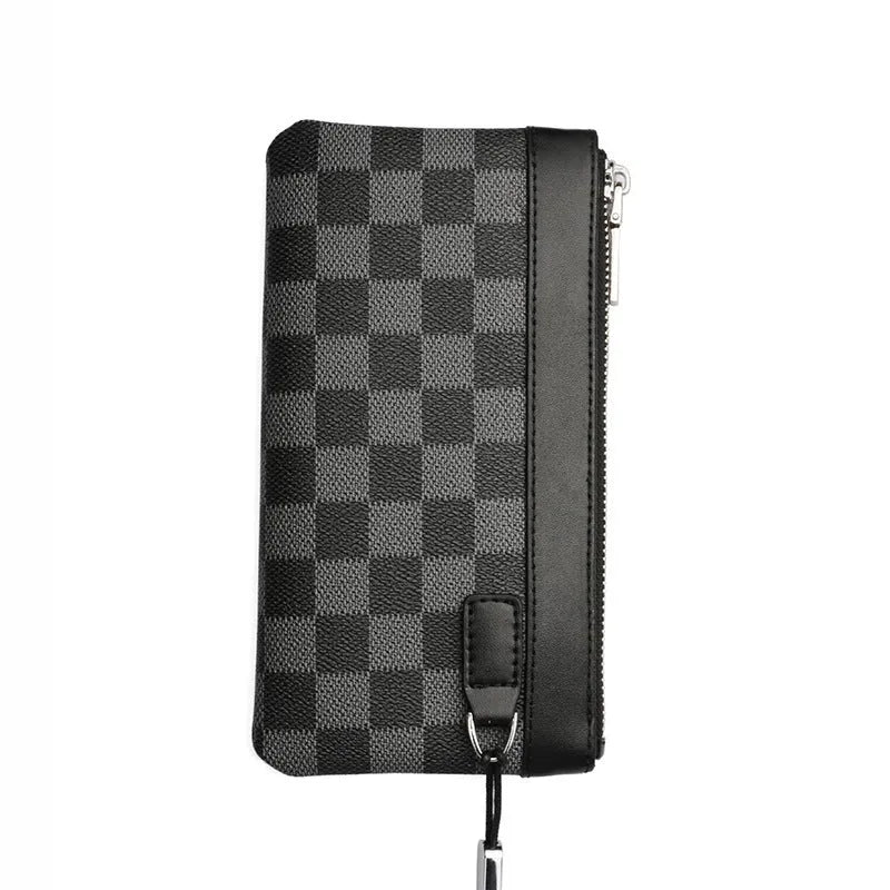 Black genuine cowhide leather men's clutch wallet measuring 20 by 10 centimetres