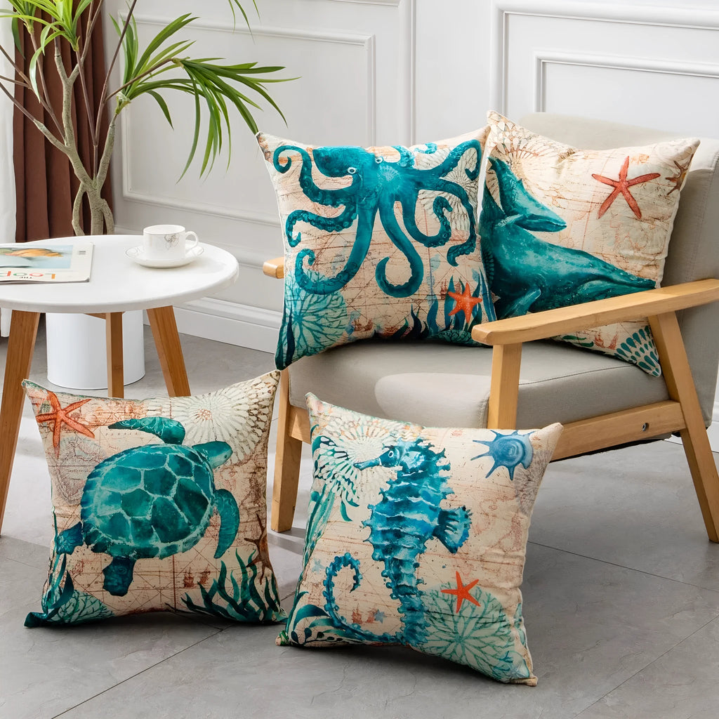 Square linen cushion cover with a detailed blue sea turtle print, showing a hidden zipper along one edge.