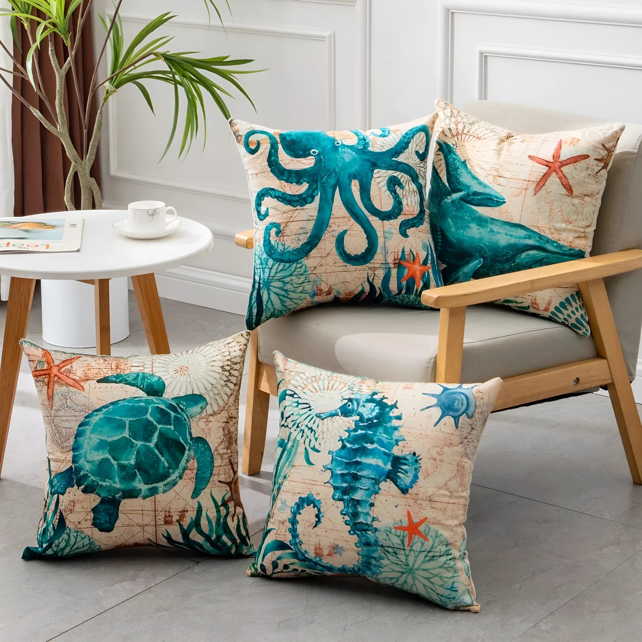 Square linen cushion cover with a detailed blue sea turtle print, showing a hidden zipper along one edge.