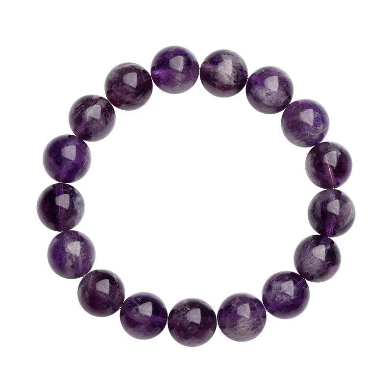 Natural purple feather amethyst crystal bracelet with geometric design and Ruyi element on wrist.