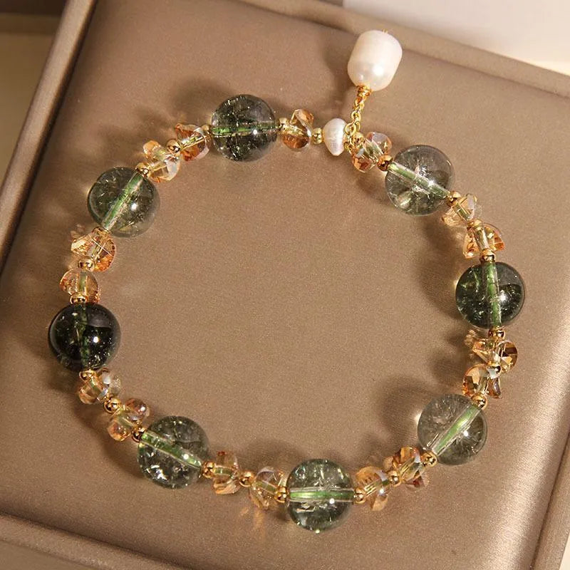 Women's green phantom quartz crystal bracelet with champagne crystals and pearl accents in Japanese-Korean style