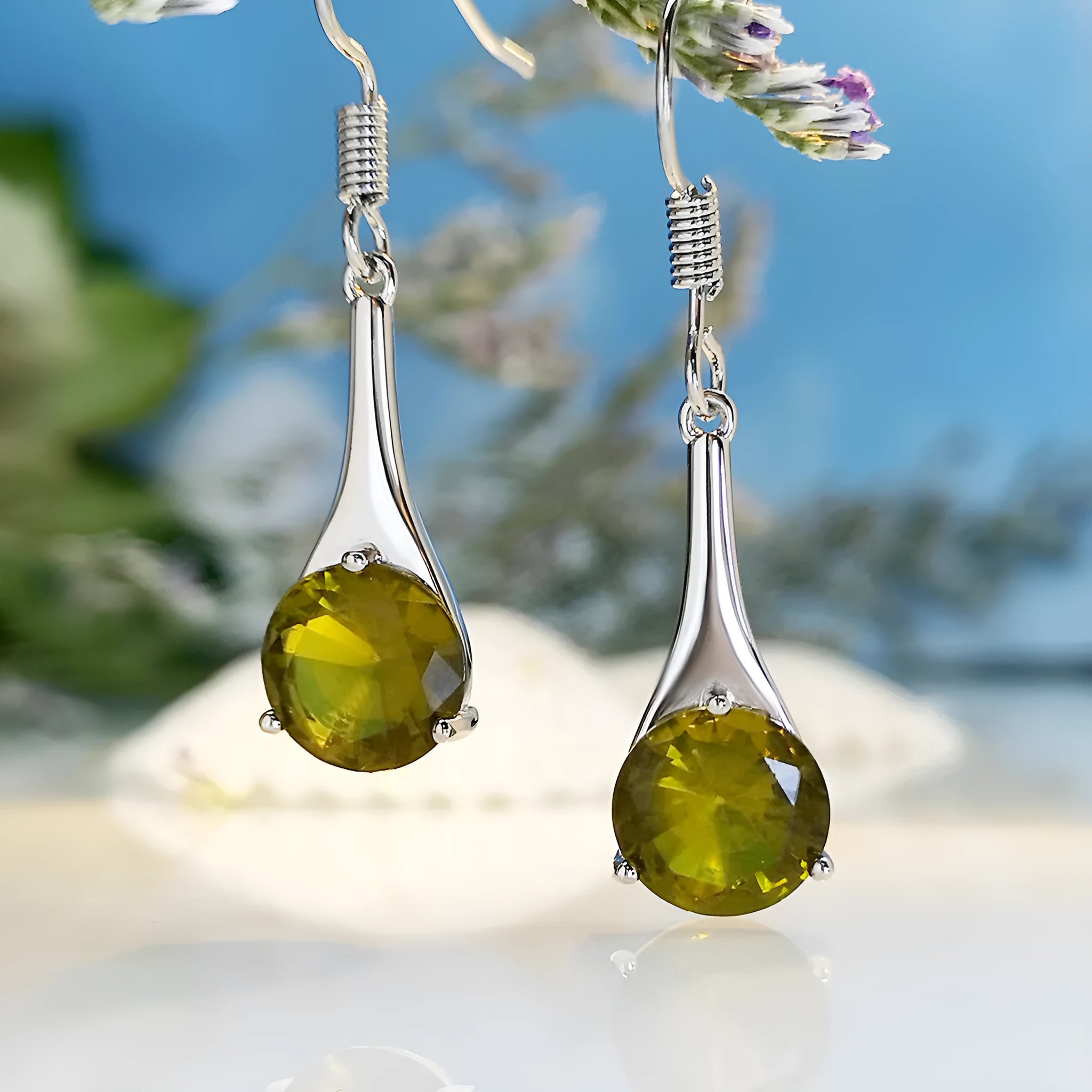 Olive green topaz drop earrings with water drop shape and minimalist retro design