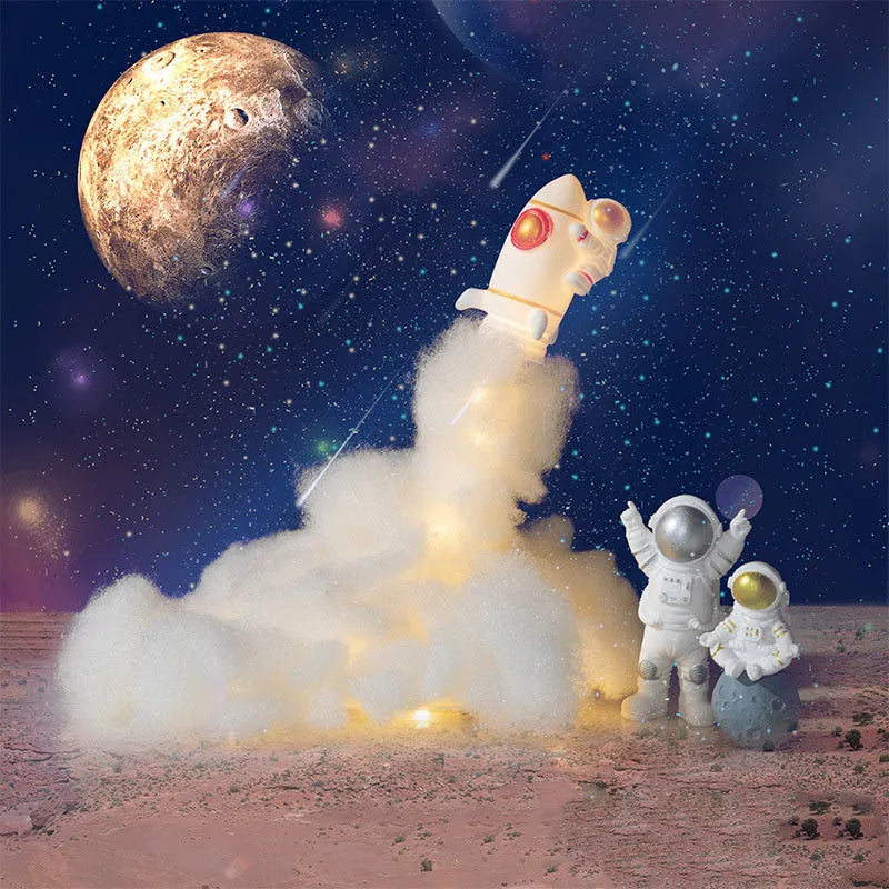 DIY astronaut rocket LED night light kit with 24cm straws, 19cm chassis, and warm string lights.