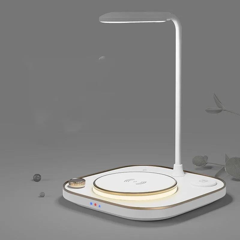 Wireless magnetic charging dock with desk lamp showing phone charging on magnetic holder