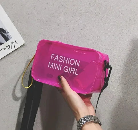 Transparent square jelly shoulder bag in multiple colours with an adjustable long strap.
