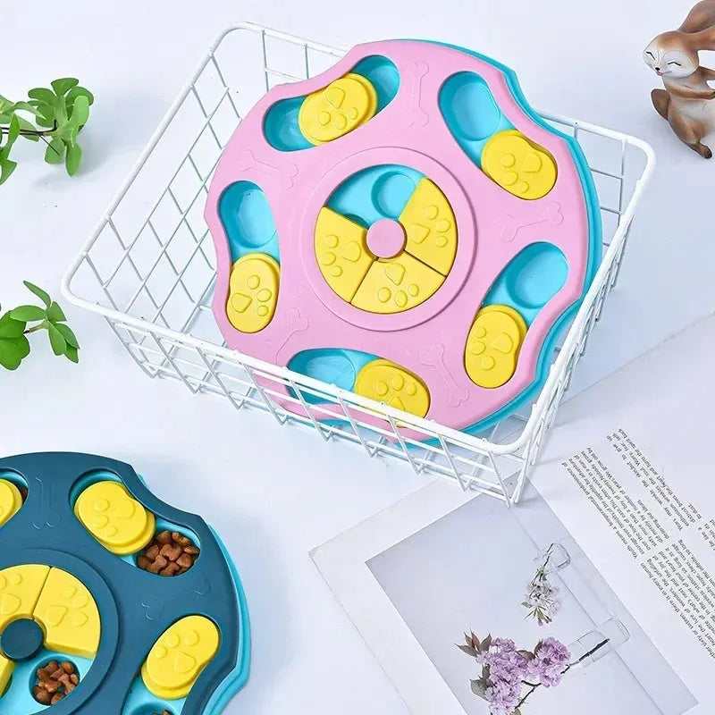 Blue plastic dog puzzle feeder toy with interactive food searching compartments for aggressive chewers