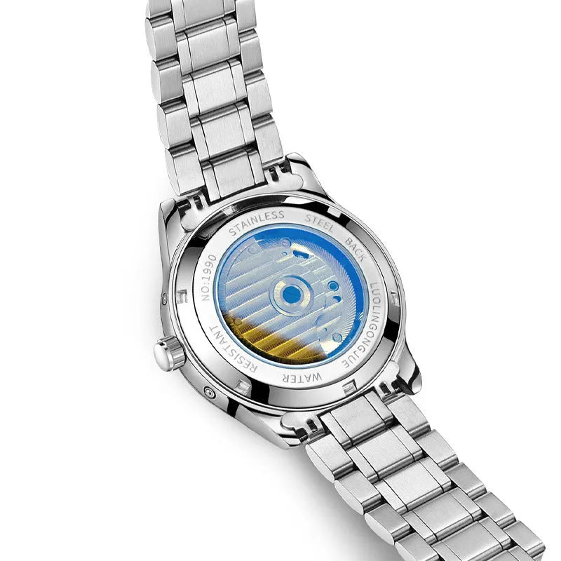 Men's stainless steel mechanical business watch with sapphire crystal and leather strap on wrist