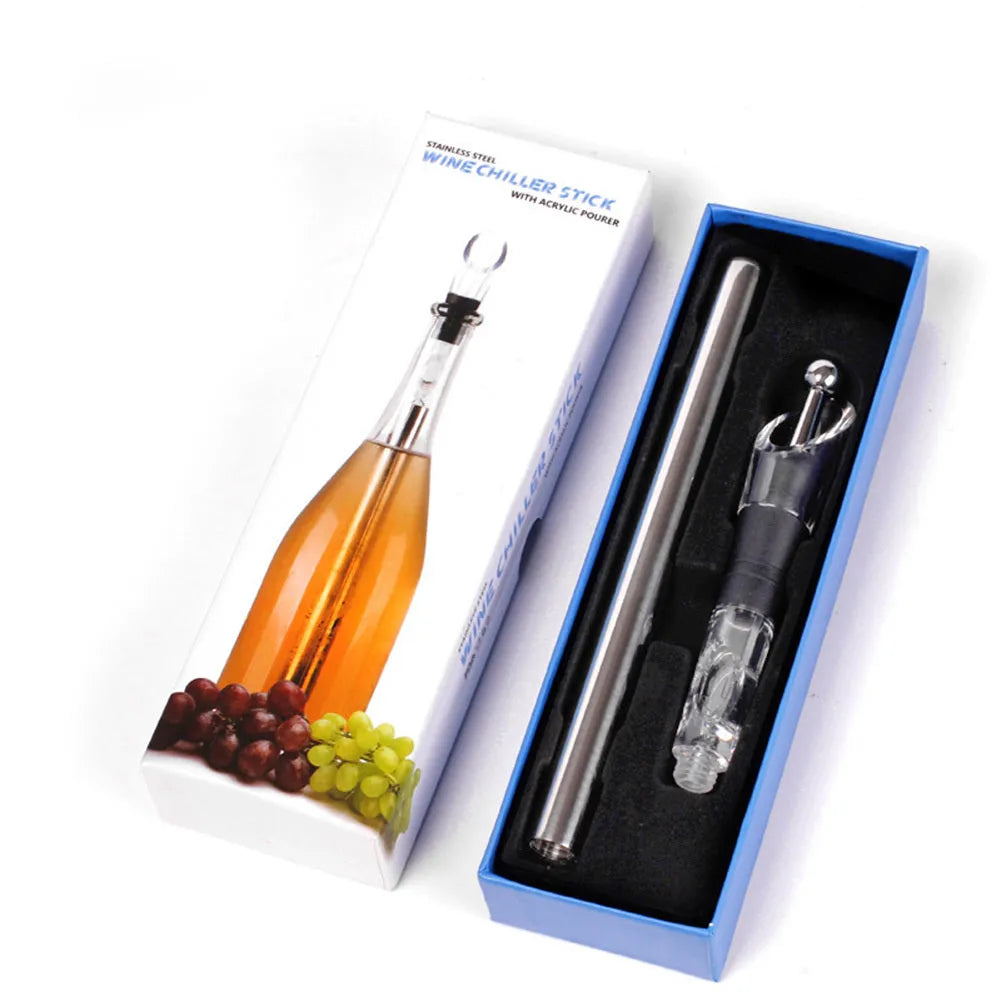 Stainless steel wine chilling rod with acrylic handle and integrated pourer, shown in silver finish.