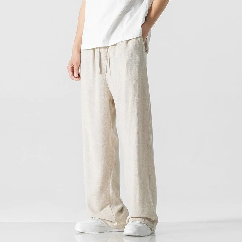 Men's loose straight-leg linen trousers in bamboo fibre fabric with drawstring waist