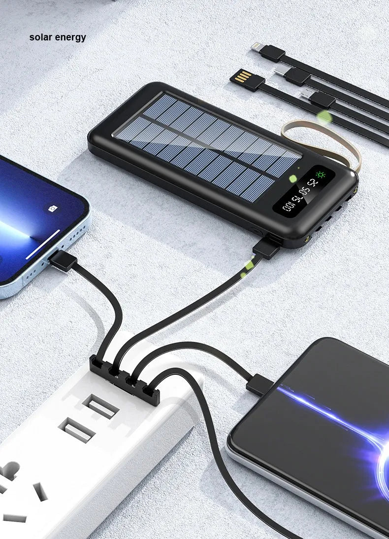 Solar power bank in black or white with capacity display and integrated solar panel.