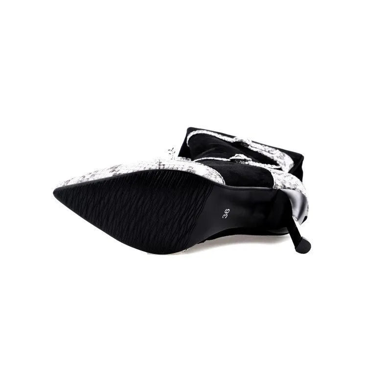Grey and black women's knee high boots with a thin 9cm high heel on a rubber sole.