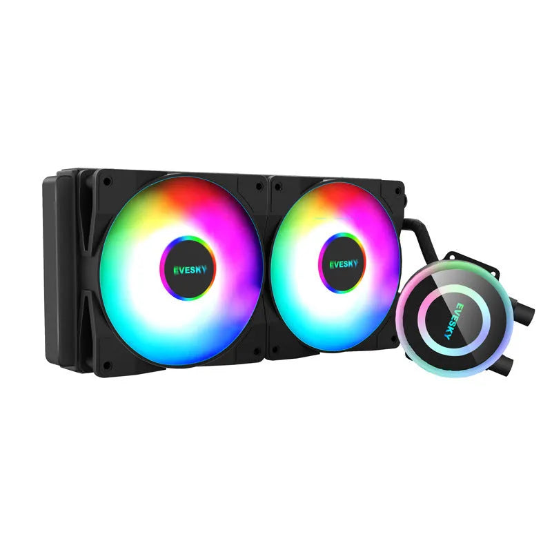 CPU radiator cooling fan with RGB lighting in 120mm, 240mm, and 360mm sizes