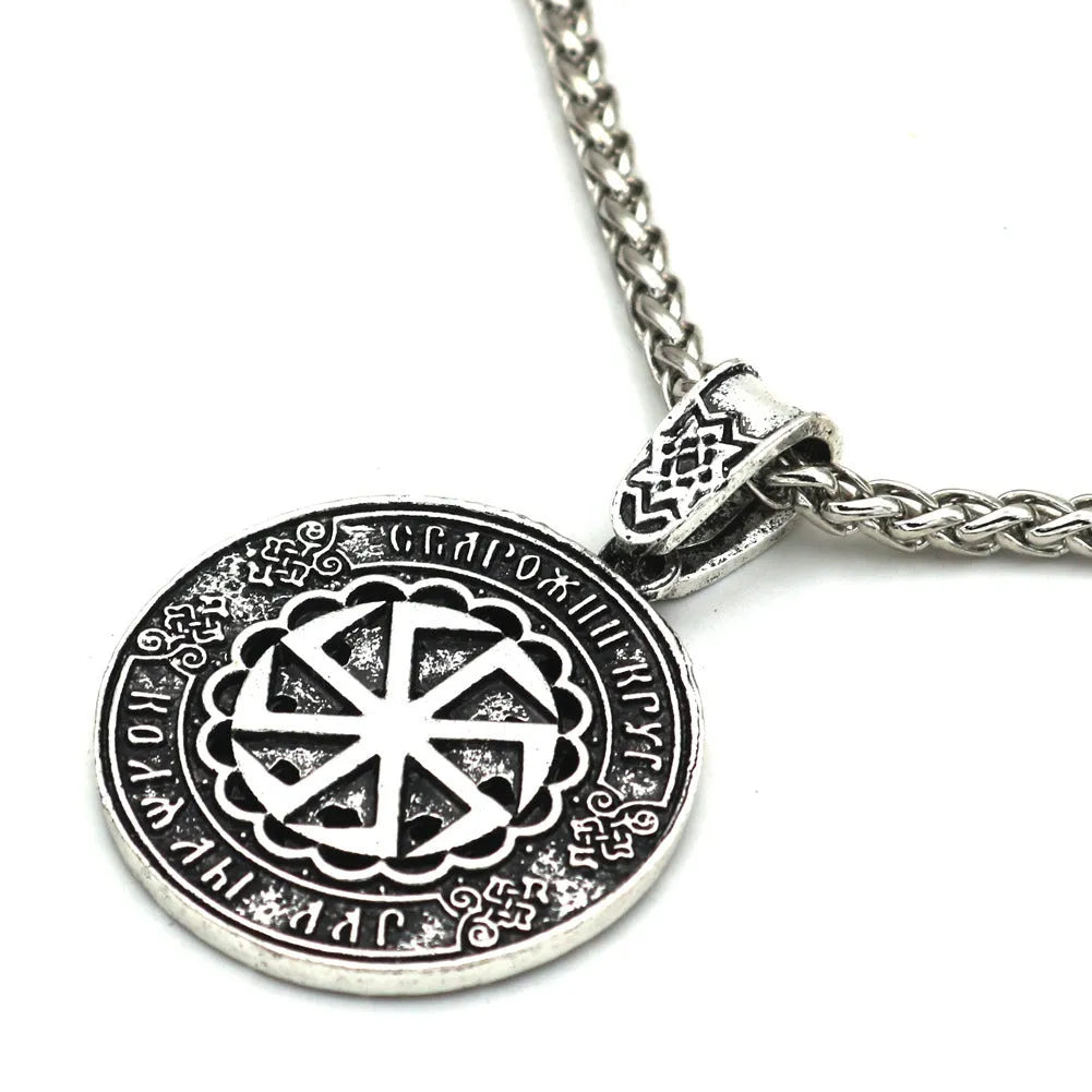 Lunavin logo alloy pendant necklace with leather rope and snake chain in antique silver or bronze finish.