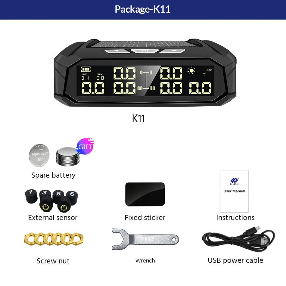 Solar-powered external tyre pressure monitor display unit with colour screen next to six sensor valves.