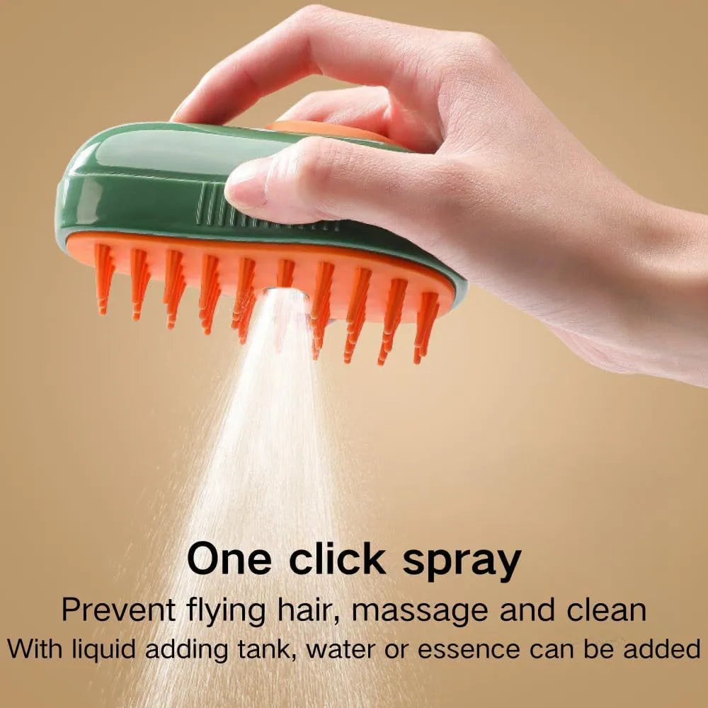 Green and white rechargeable cat steam brush with silicone teeth and water spray nozzle.