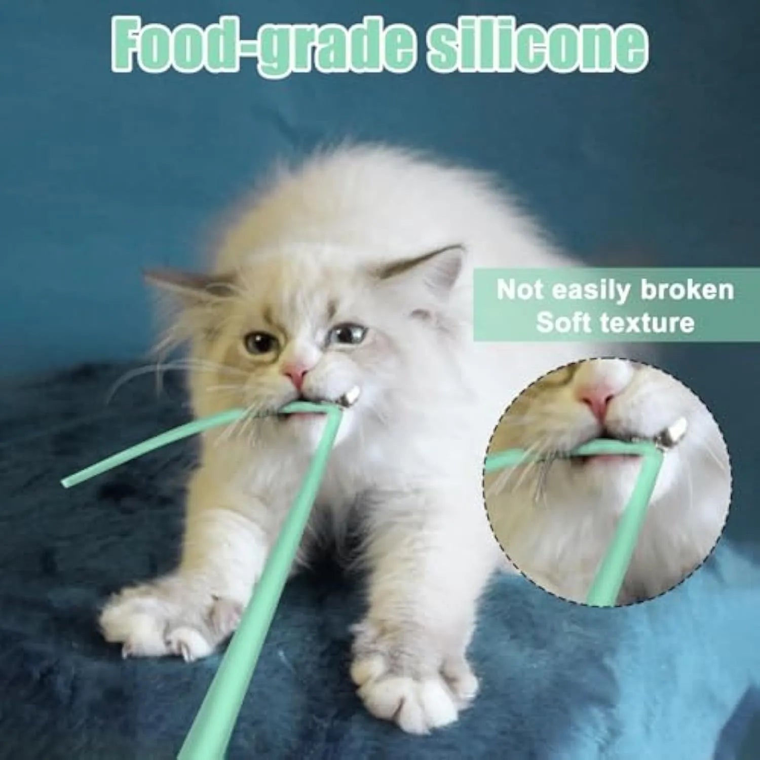 Green automatic cat wand toy with swinging silicone tails on white background