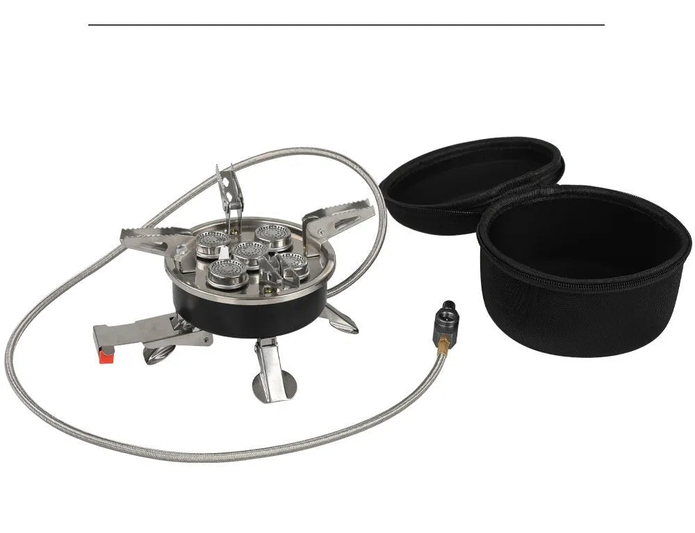 Silver portable stainless steel split camping stove shown unfolded with a 100cm fuel hose.
