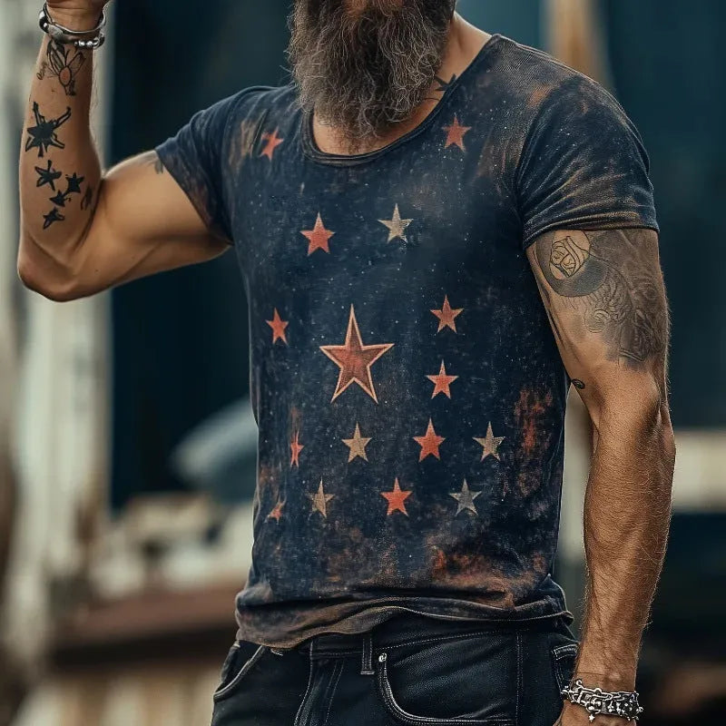 Man's loose fit short sleeve t-shirt with a bold 3D creative art retro pattern on the front.