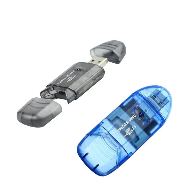 Transparent USB card reader with LED light and SD card slots on a desk.