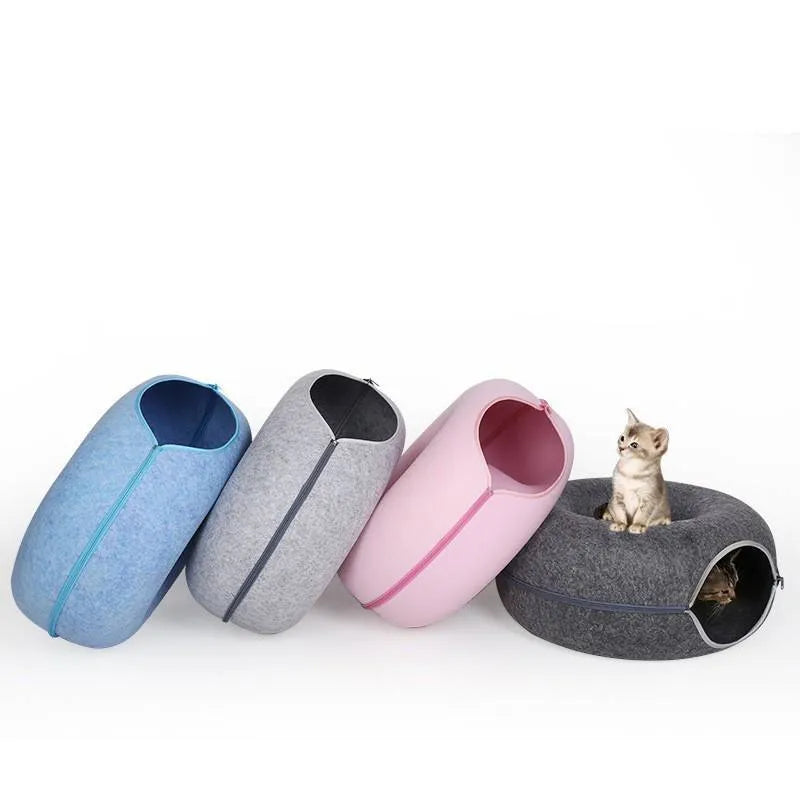 Natural felt donut cat tunnel bed in light grey with tunnel entrance 60x60x27cm