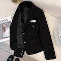 Women's black loose fit polyester short suit coat with long sleeves and pocket detailing