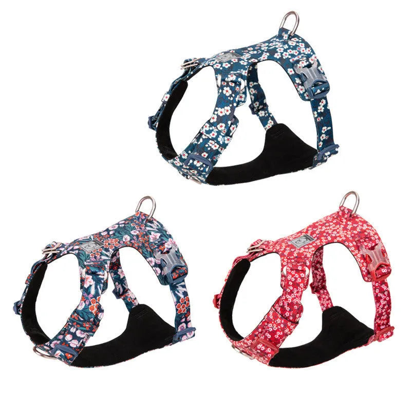 Pure cotton pull-resistant pet chest harness in a floral pattern, showing adjustable straps.