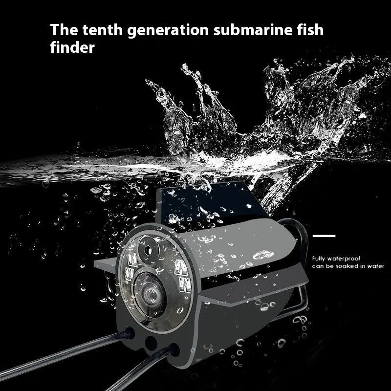 Underwater fishing camera with 4.3-inch screen, camera unit, and coiled cable on a fishing boat deck