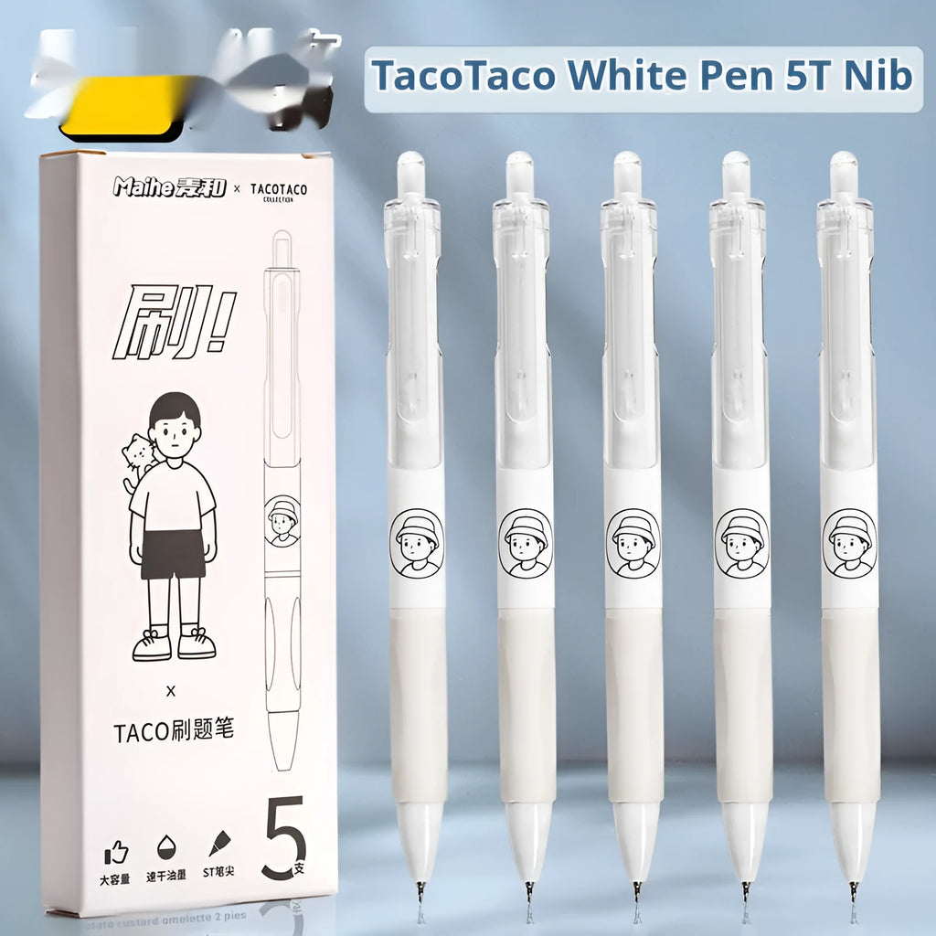 Five white and black ballpoint pens with 0.5mm tips and press-style mechanisms for student exams