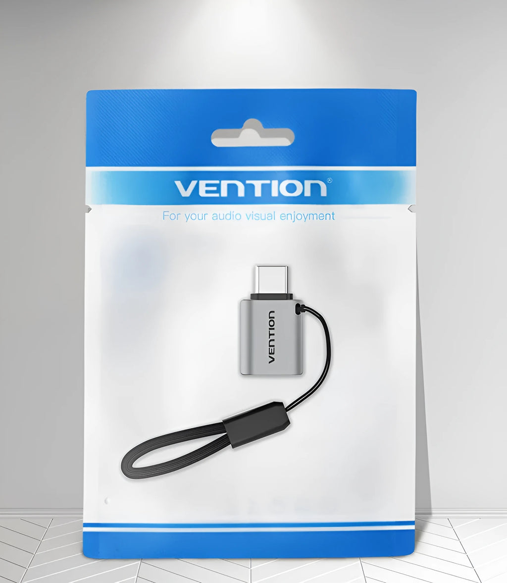 Grey aluminium USB 3.0 Type-C male to USB-A female OTG adapter with lanyard