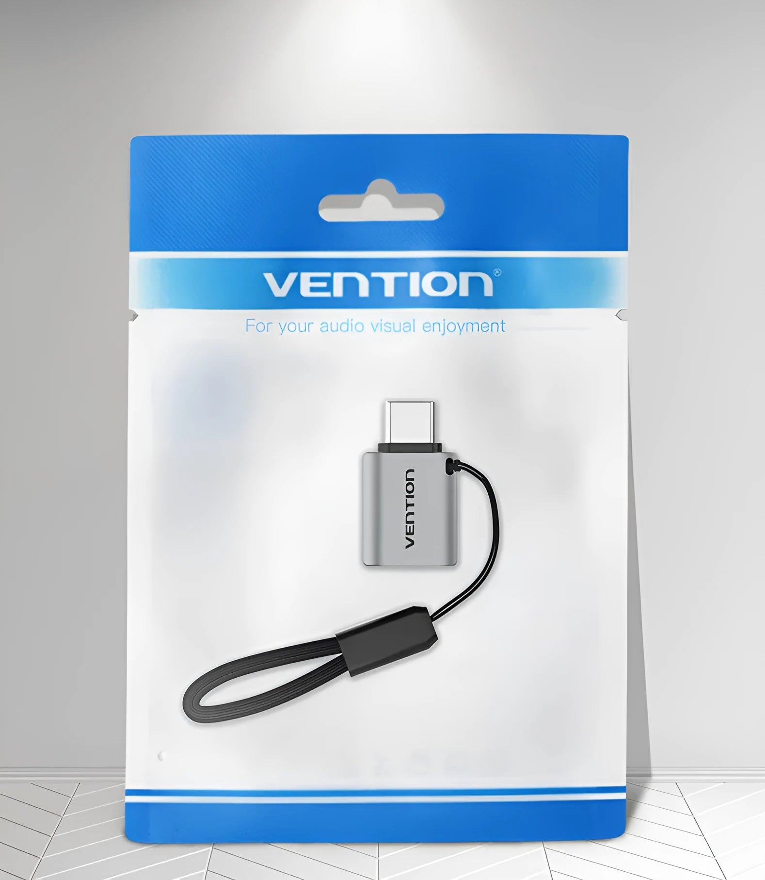Grey aluminium USB 3.0 Type-C male to USB-A female OTG adapter with lanyard