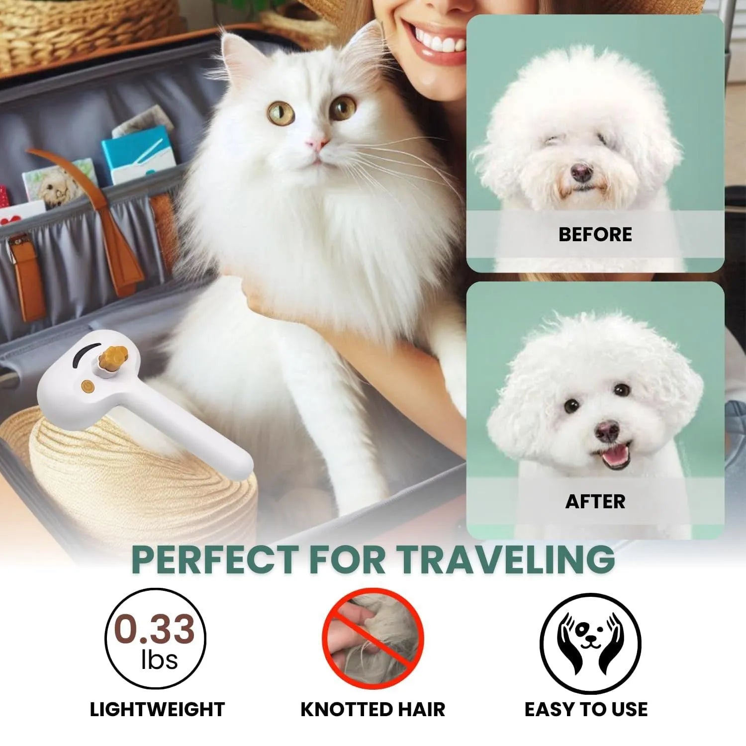 White pet grooming brush with steam function and self-cleaning mechanism for dogs and cats