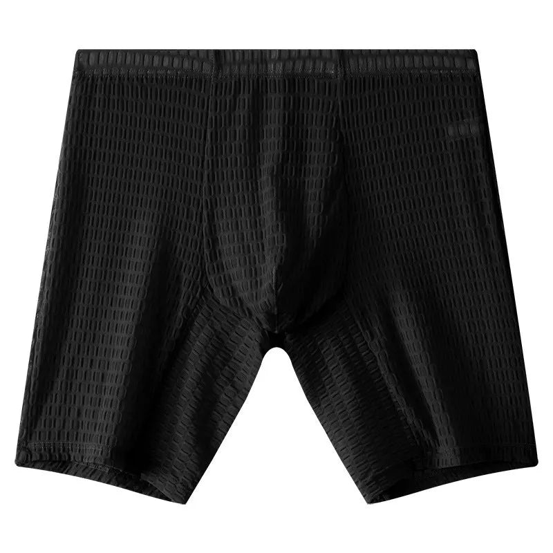 A pair of transparent men's lace boxers in a lengthened cut on a mid waist, shown in one of five available colours.