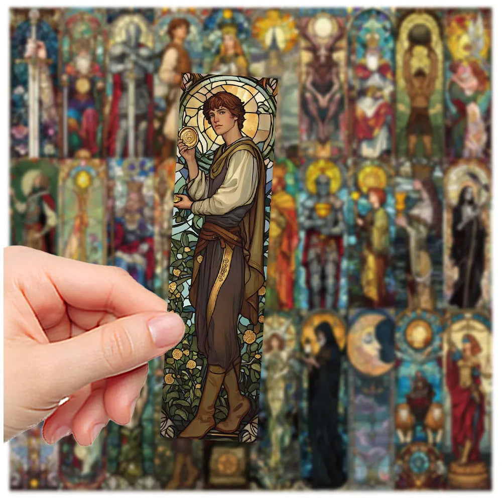 Set of 30 paper bookmarks with painted glass tarot card designs in a cute homemade style.
