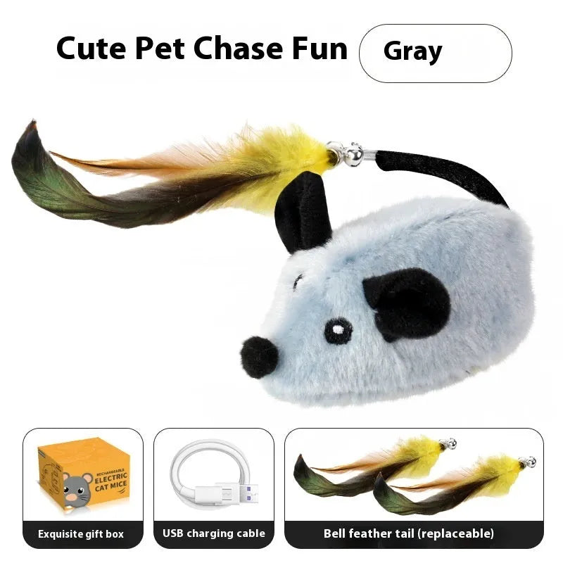 Electric charging simulation mouse cat toy with feather tail decoration