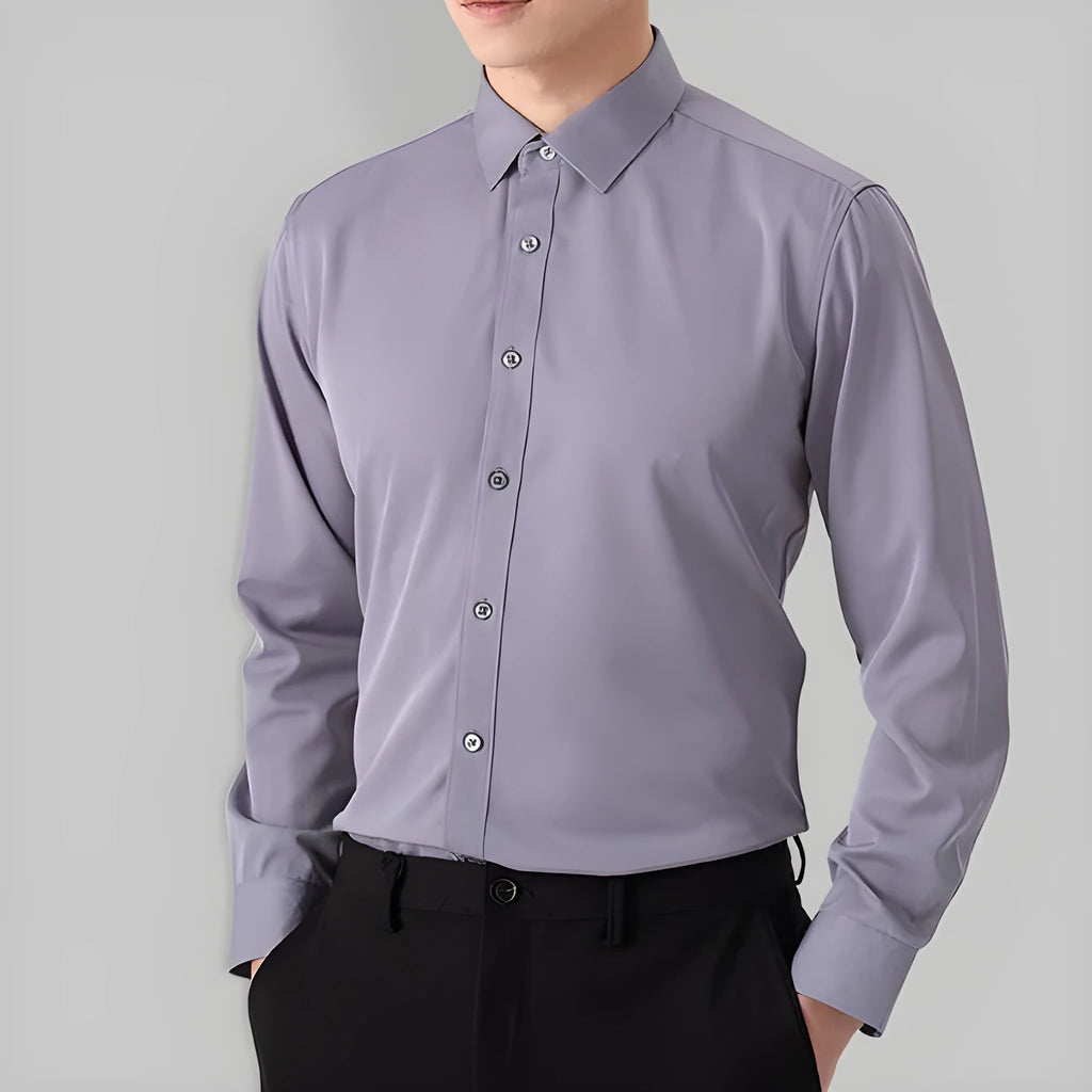 Men's long-sleeved stretch business cardigan shirt in solid colour, slim fit, polyester fabric, autumn work wear