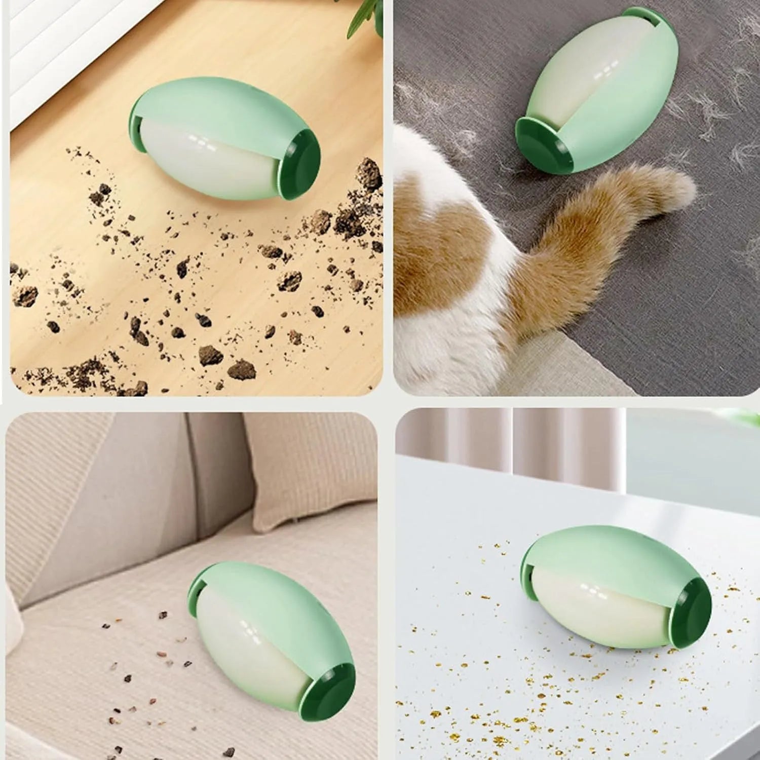 Green and white washable reusable gel lint roller ball for pet hair removal on fabric.