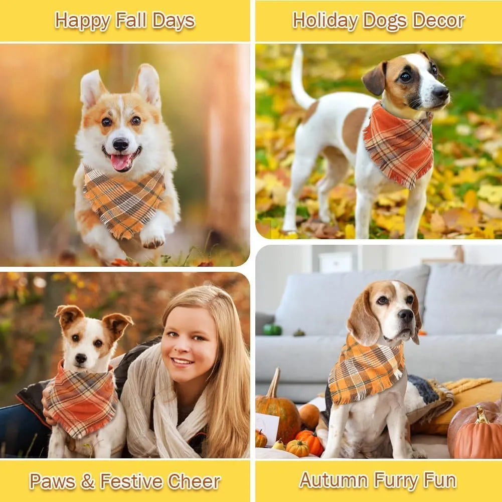 Plaid triangle dog bandana with tassel edges in autumn colours like brown, green, and orange.