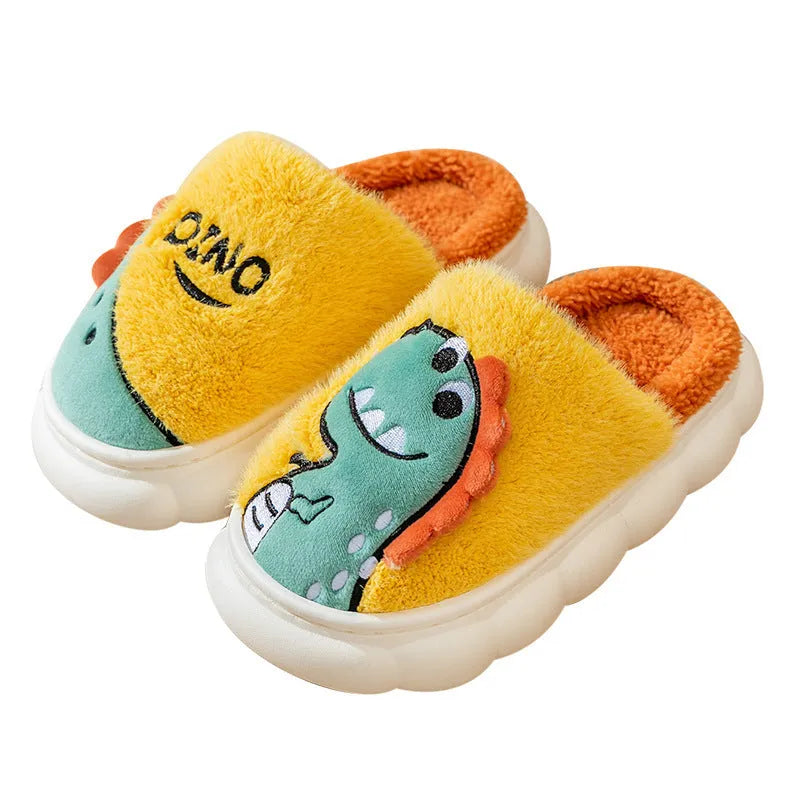 Pair of plush cotton dinosaur print slippers with a thickened sole, shown in magic grey colour.