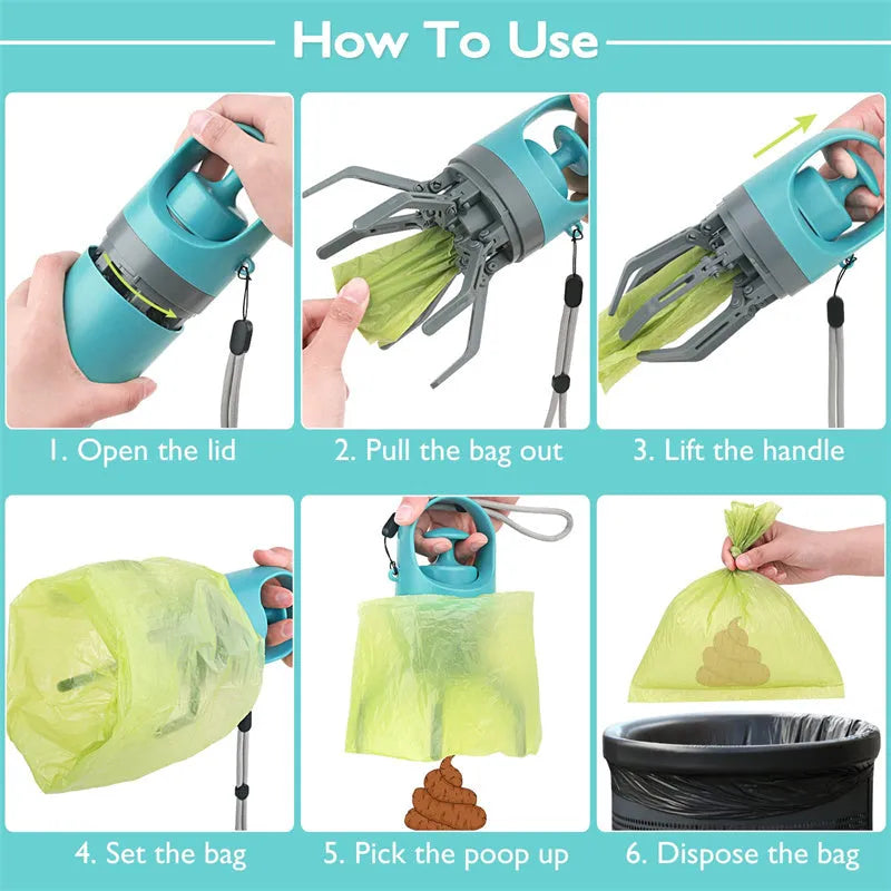 Blue portable dog poop scooper with built-in bag dispenser and eight-claw shovel mechanism