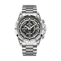 Men's waterproof luminous quartz watch with steel strap showing three colour options